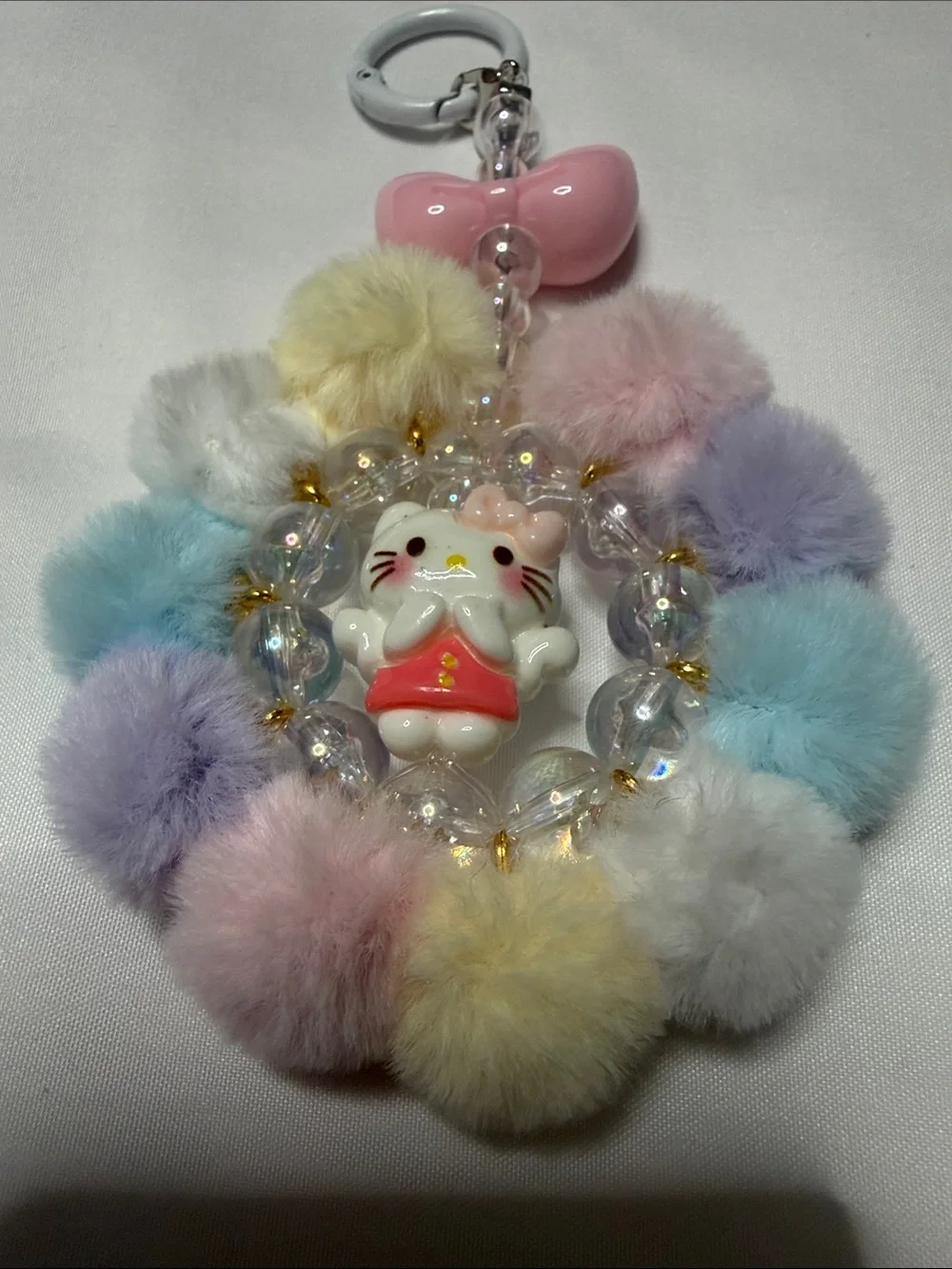 Pastel Pom Pom Kitty Keyring Charm - Pink Accent